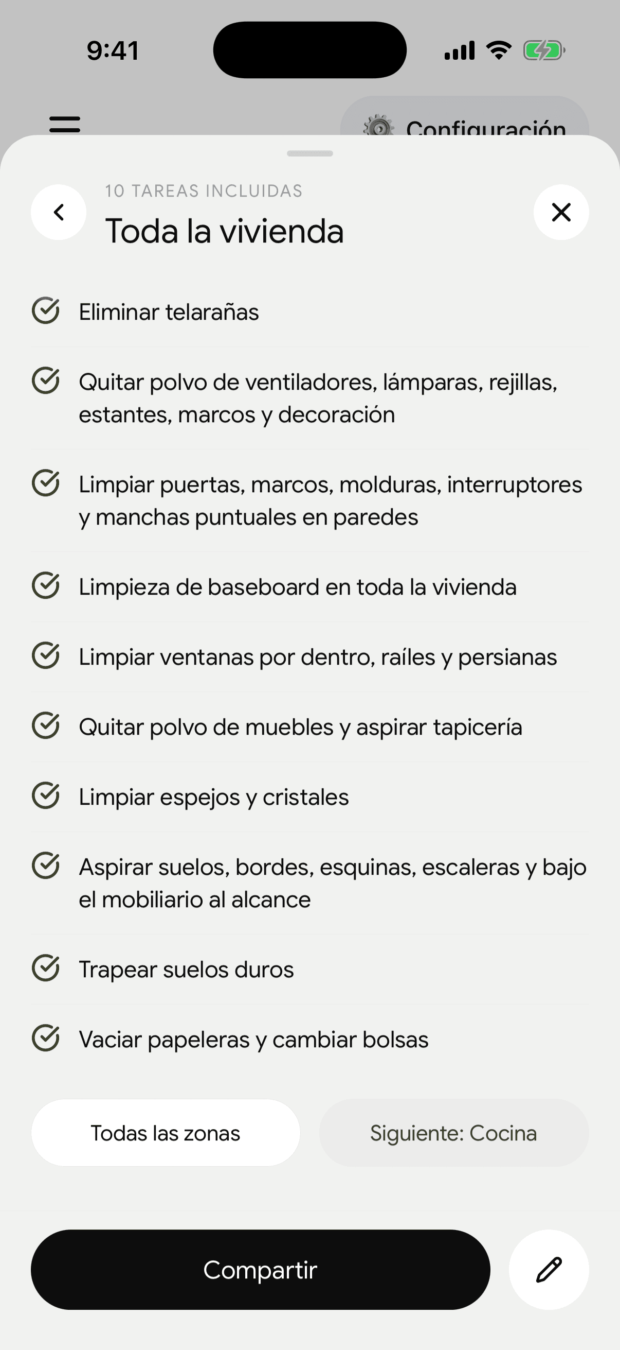 Checklist de limpieza en la app: las tareas que incluye la limpieza de toda la vivienda