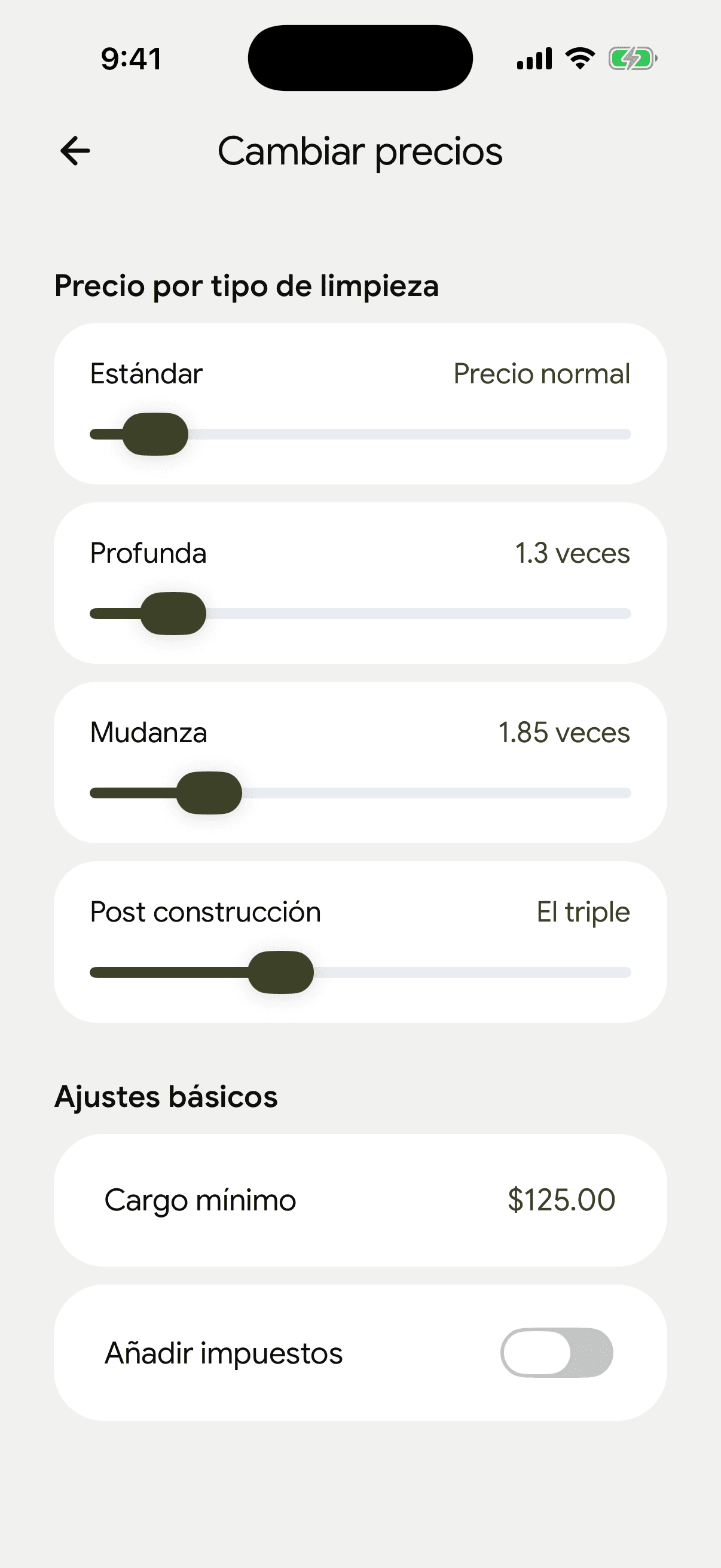 Pantalla de la app para poner tus precios por tipo de limpieza: estándar, profunda, mudanza y post construcción
